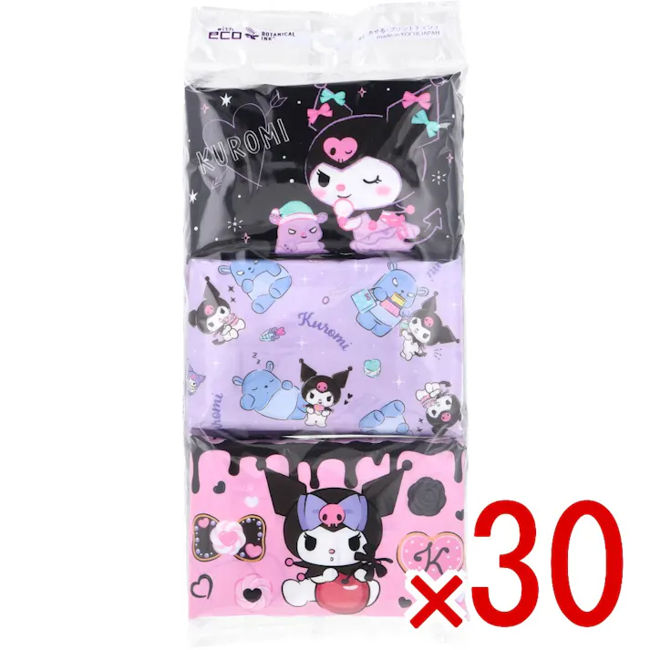 【30点まとめ買い】水に流せるプリントティシュ クロミ 16枚(8組)×6個入 × 30点 水に流せるティシュ。 このパッケージは、環境にやさしい植物由来成分を含むインキを使用しています。 【送料込み】