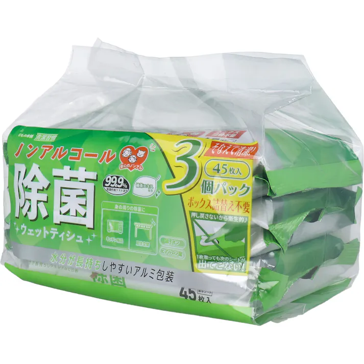 【10点まとめ買い】清潔習慣 除菌ウェットティシュ ノンアルコールタイプ 45枚入×3個パック × 10点 水分が長持ちしやすいアルミ包装。 99.9%除菌性能テスト済。身の周りの除菌に。 【送料込み】