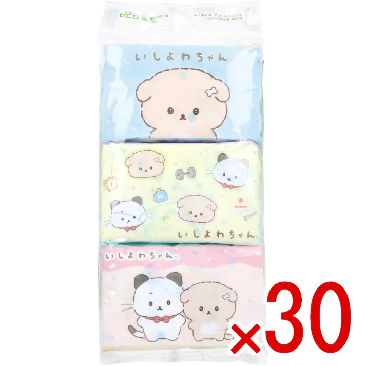 【30点まとめ買い】水に流せるプリントティシュ いしよわちゃん 16枚(8組)×6個入 × 30点 水に流せるティシュ。 このパッケージはフィルムの厚みを薄くすることにより、廃棄プラスチック量を削減しています。 【送料込み】