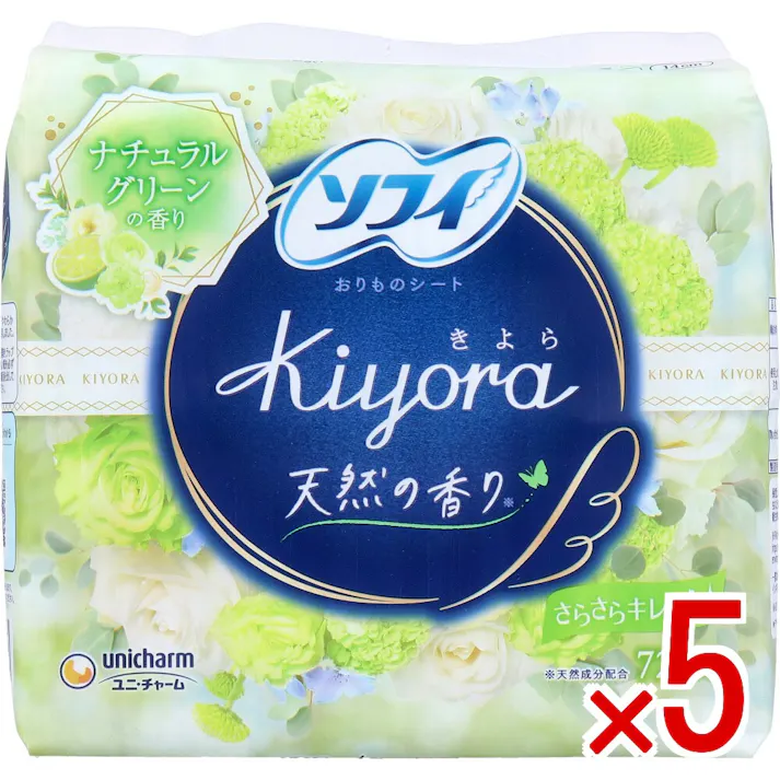 【5点まとめ買い】ソフィ Kiyora フレグランス おりものシート ナチュラルグリーンの香り 72個入 × 5点 さらさらキレイ! こだわりの天然成分。 【送料込み】