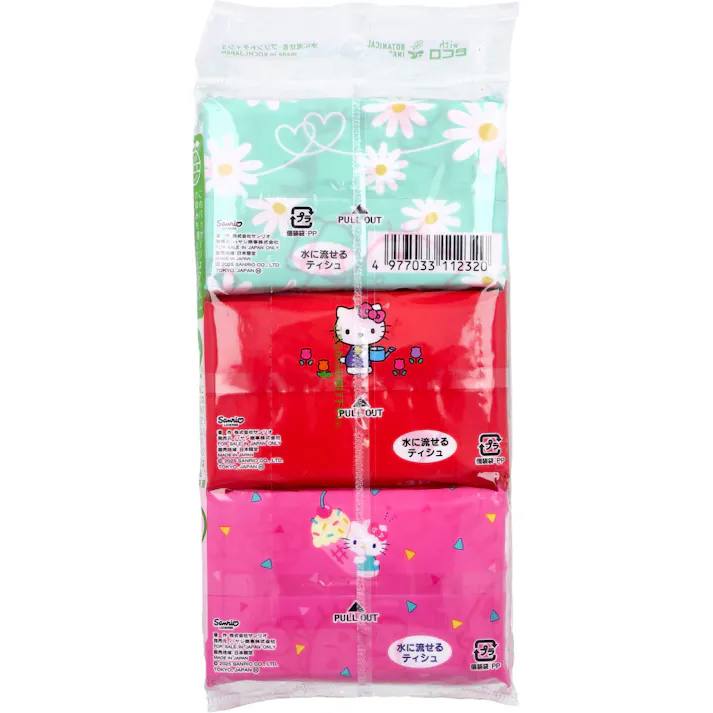 【10点まとめ買い】ハローキティ 水に流せるプリントティシュ 16枚(8組)×6個入 × 10点 水に流せるティシュ。 このパッケージは、環境にやさしい植物由来成分を含むインキを使用しています。 【送料込み】