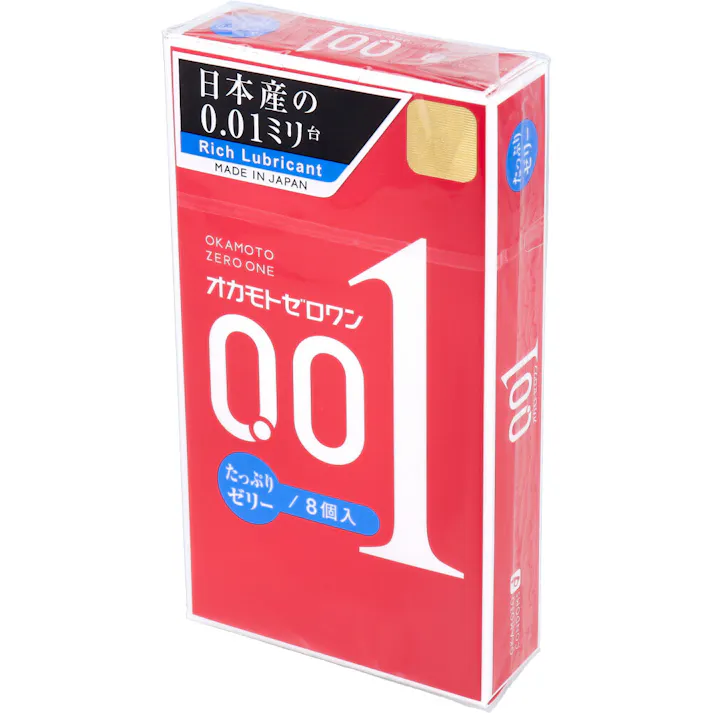 【10点まとめ買い】オカモトゼロワン 0.01ミリ コンドーム たっぷりゼリー 8個入 × 10点 日本産の0.01ミリ台。 ゼリーたっぷり。均一なうすさ0.01ミリ台(オカモト社測定)。 【送料込み】