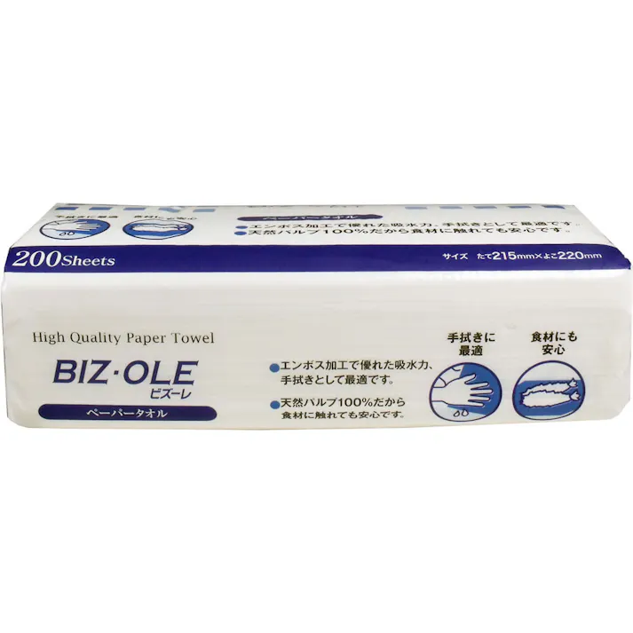 【10点まとめ買い】ビズーレ ペーパータオル レギュラー 215×220mm 200枚入 × 10点 エンボス加工で優れた吸水力、手拭として最適です。 天然パルプ100%だから食材や調理器具に触れても安心です。 【送料込み】