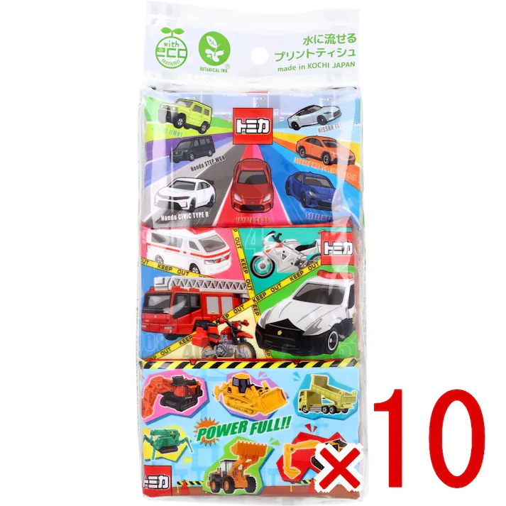 【10点まとめ買い】トミカ 水に流せるプリントティシュ 16枚(8組)×6個入 × 10点 水に流せるティシュ! このパッケージは、環境にやさしい植物由来成分を含むインキを使用しています。 【送料込み】