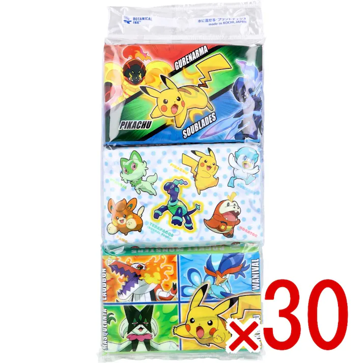 【30点まとめ買い】ポケットモンスター 水に流せるプリントティシュ 16枚(8組)×6個入 × 30点 水に流せるティシュ。 このパッケージはフィルムの厚みを薄くすることにより、廃棄プラスチック量を削減しています。 【送料込み】