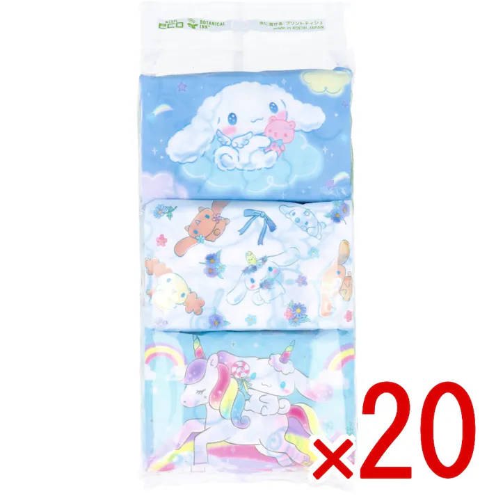 【20点まとめ買い】シナモロール 水に流せるプリントティシュ 16枚(8組)×6個入 × 20点 水に流せるティシュ。 「シナモロール」のキャラクタープリント入、6パックティシュです。 【送料込み】