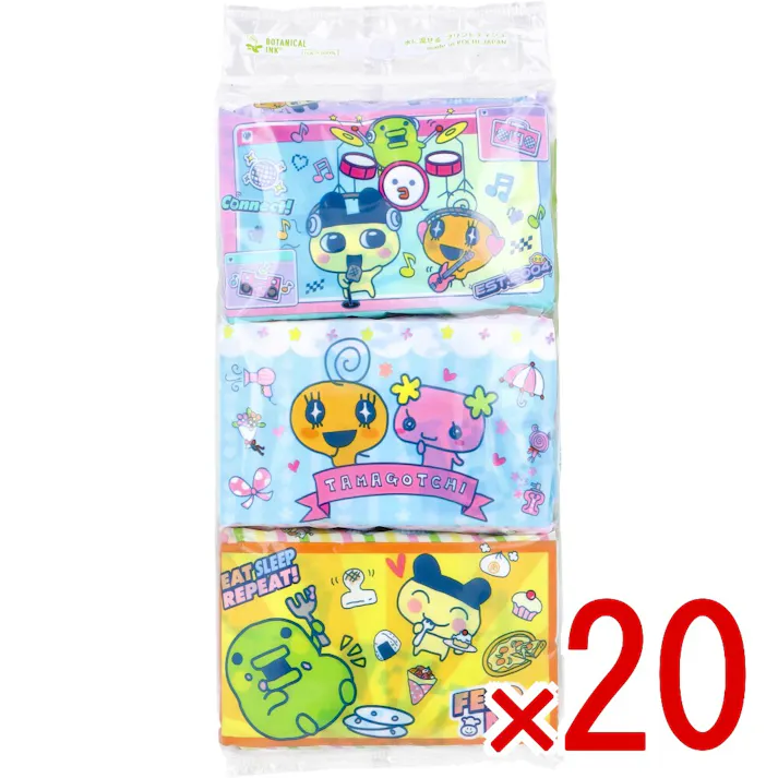 【20点まとめ買い】たまごっち 水に流せるプリントティシュ 16枚(8組)×6個入 × 20点 水に流せるティシュ。 このパッケージはフィルムの厚みを薄くすることにより、廃棄プラスチック量を削減しています。 【送料込み】