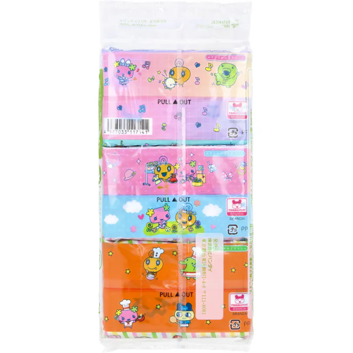 【20点まとめ買い】たまごっち 水に流せるプリントティシュ 16枚(8組)×6個入 × 20点 水に流せるティシュ。 このパッケージはフィルムの厚みを薄くすることにより、廃棄プラスチック量を削減しています。 【送料込み】