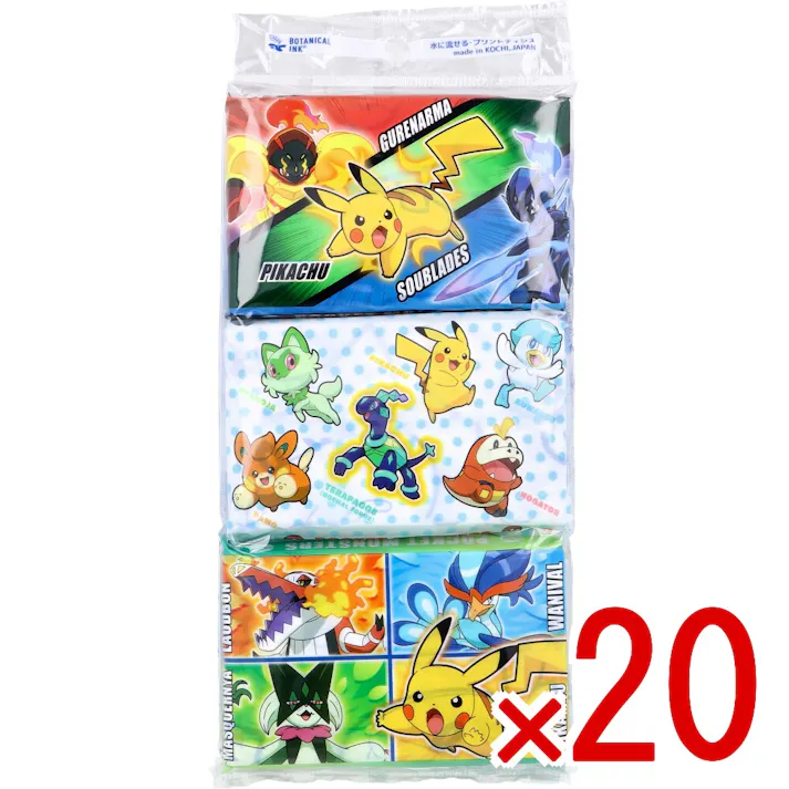 【20点まとめ買い】ポケットモンスター 水に流せるプリントティシュ 16枚(8組)×6個入 × 20点 水に流せるティシュ。 このパッケージはフィルムの厚みを薄くすることにより、廃棄プラスチック量を削減しています。 【送料込み】