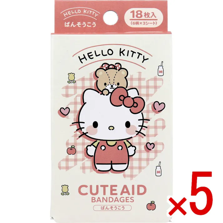 【5点まとめ買い】ハローキティ CUTE AID ばんそうこう 4 18枚入 × 5点 デザインは6種類。 6柄×3シート。 【送料込み】