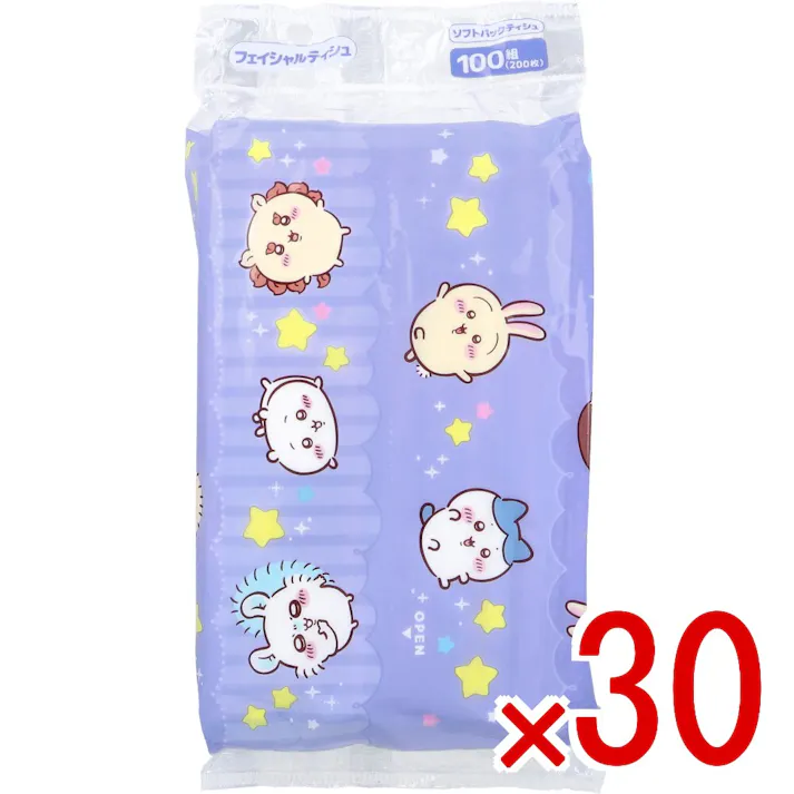 【30点まとめ買い】ちいかわ フェイシャルティシュ ソフトパックティシュ 200枚(100組)入 × 30点 吊り下げて省スペース!! 外出先・車の中で。 【送料込み】