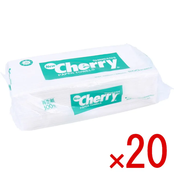 【20点まとめ買い】ペーパータオル ニューチェリータオル 200枚入 × 20点 再生紙100%の環境保全商品で、柔らかさ、吸水性、経済性に優れた商品です。 お手拭き、台拭き、床・油汚れ、キッチン回りの汚れ、ガラス拭きに。 【送料込み】