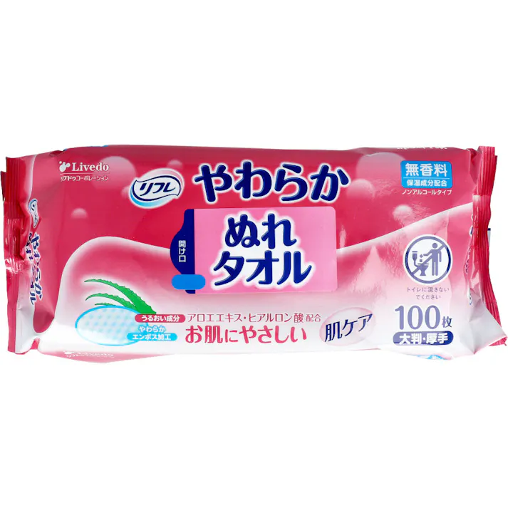 【10点まとめ買い】リフレ やわらかぬれタオル 大判・厚手 100枚入 × 10点 うるおい成分配合でお肌にやさしい ウエットティッシュ。 アロエエキスとヒアルロン酸配合でお肌にやさしいウエットティシュです。 【送料込み】