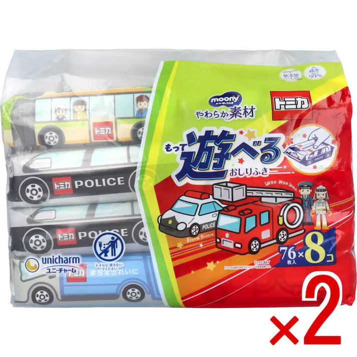 【2点まとめ買い】ムーニー おしりふき やわらか素材 トミカデザイン 詰替用 76枚入×8個パック × 2点 やわらか3層仕上げ。 持って遊べるおしりふき。 【送料込み】