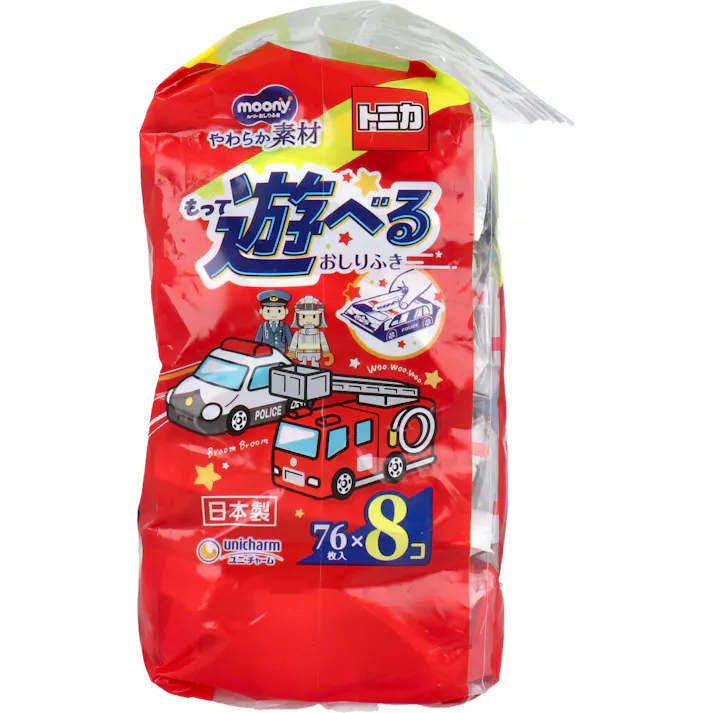 【2点まとめ買い】ムーニー おしりふき やわらか素材 トミカデザイン 詰替用 76枚入×8個パック × 2点 やわらか3層仕上げ。 持って遊べるおしりふき。 【送料込み】