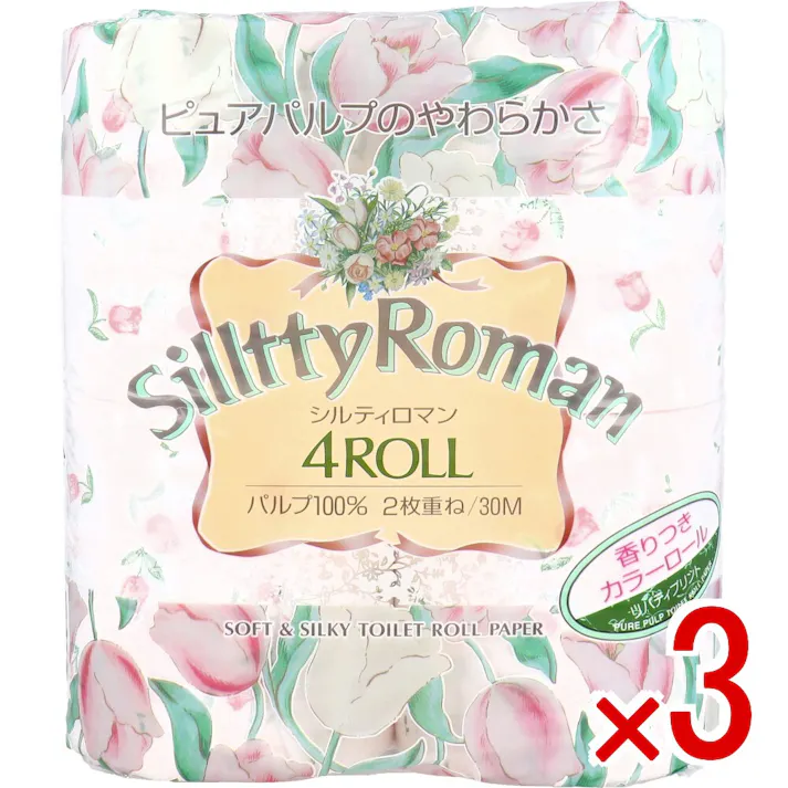 【3点まとめ買い】四国特紙 トイレットペーパー シルティロマン 香りつき カラーロール ダブル 30m×4ロール × 3点 ピュアパルプのやわらかさ。 毎日使うものだからこそ品質にこだわったシルキーな肌ざわり。 【送料込み】