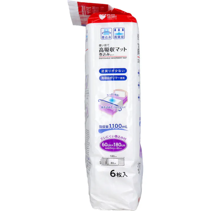 【3点まとめ買い】プラスハート 使い捨て高吸収マット 巻込みタイプ 6枚入 × 3点 たっぷり吸収!巻き込めてズレにくい! 万一のモレもしっかり吸収する、洗濯の手間が不要な使い捨て防水マットです。 【送料込み】