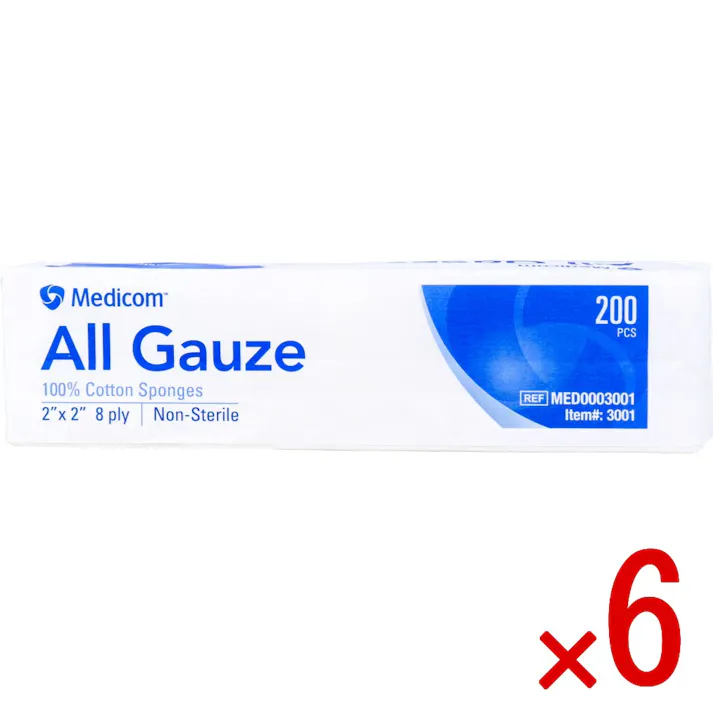 【6点まとめ買い】メディコム オールガーゼ 8折 5×5cm 200枚入 × 6点 綿100%の定番ガーゼ 綿100%で、柔らかく吸水性に優れるガーゼです。 【送料込み】