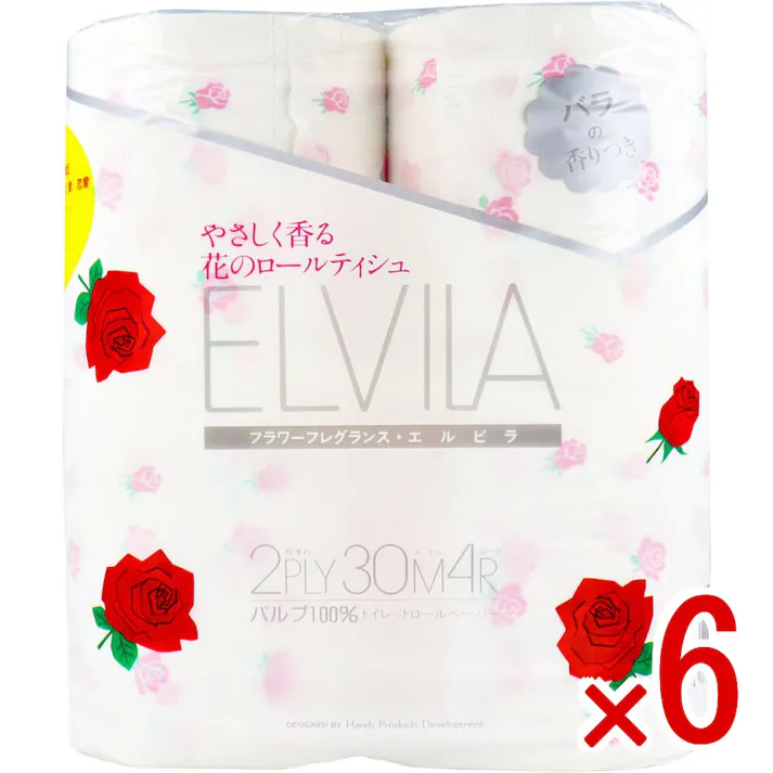 【6点まとめ買い】四国特紙 トイレットペーパー フラワーフレグランス エルビラ バラの香り ダブル 30m×4ロール × 6点 毎日の暮らしに、はなやかさを。人気の花柄プリントとさわやかな香り♪ やさしく香る花のロールティシュ♪ 【送料込み】