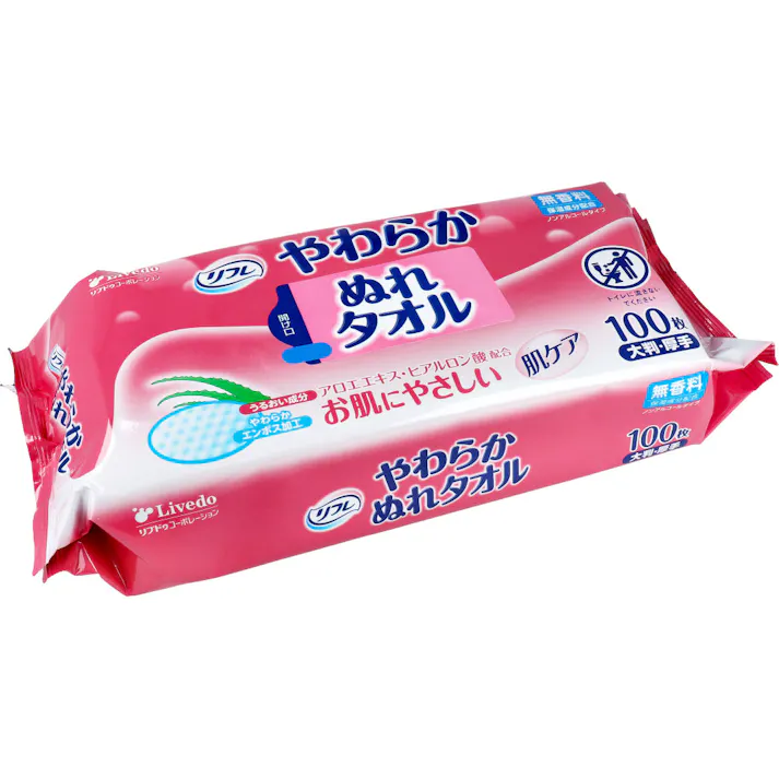 【2点まとめ買い】リフレ やわらかぬれタオル 大判・厚手 100枚入 × 2点 うるおい成分配合でお肌にやさしい ウエットティッシュ。 アロエエキスとヒアルロン酸配合でお肌にやさしいウエットティシュです。 【送料込み】