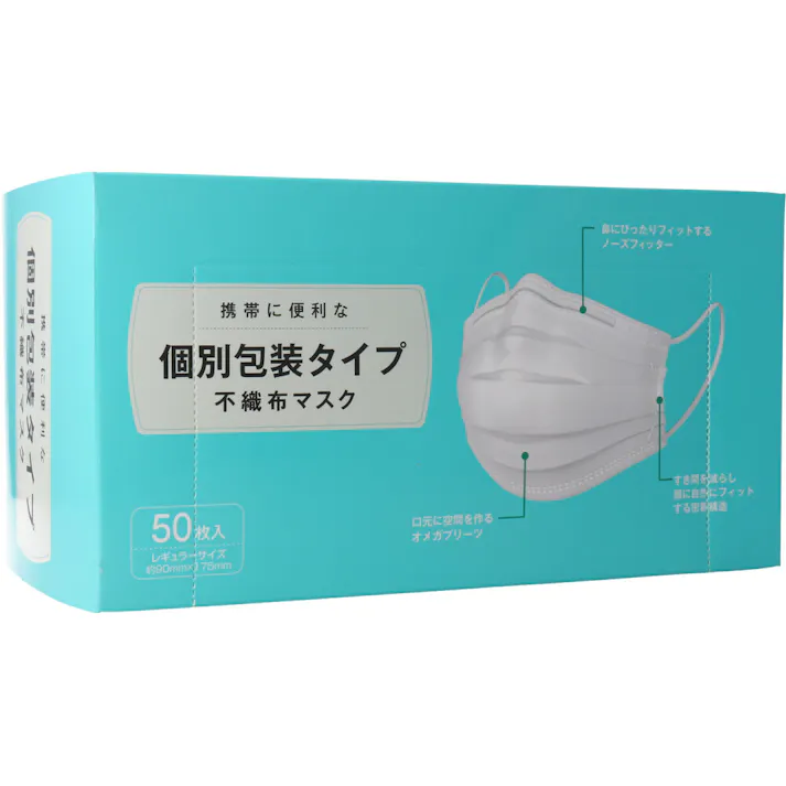 【2点まとめ買い】個別包装タイプ 不織布マスク レギュラーサイズ 50枚入 × 2点 携帯に便利な個別包装タイプ! 通気性の良い3層式のフィルタが花粉やホコリを防ぎます。 【送料込み】