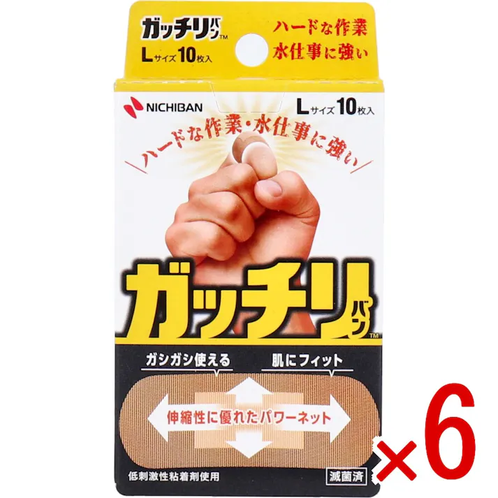 【6点まとめ買い】ニチバン ガッチリバン Lサイズ 10枚入 × 6点 ハードな作業・水仕事に強い。 伸縮性に優れたパワーネット。 【送料込み】