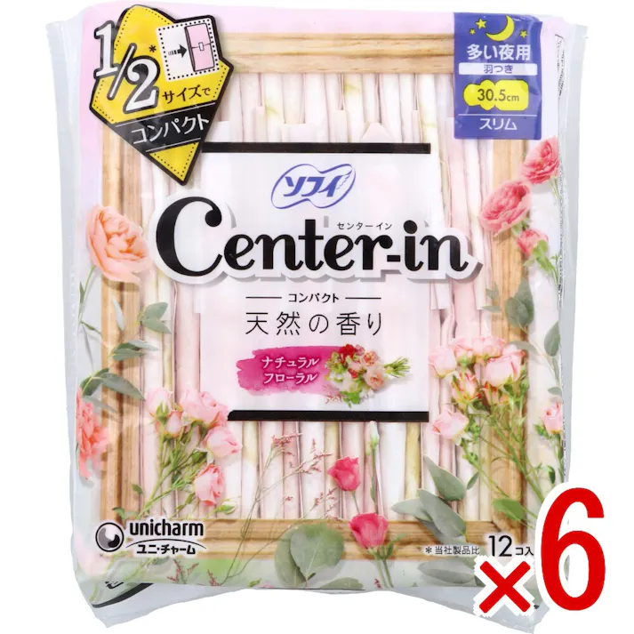【6点まとめ買い】ソフィ センターイン コンパクト1/2 多い夜用 スリム 羽つき ナチュラルフローラルの香り 12個入 × 6点 天然の香り。 1/2サイズ(※)でコンパクト。 【送料込み】