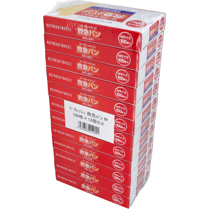 【2点まとめ買い】リ・フレッシュ!救急バン スキンカラー Mサイズ 100枚入×12個セット × 2点 傷口にくっつきにくい特殊ネット。 吸収パッドを使用し、切傷、すり傷、靴ずれなどの創傷面の保護をする救急絆創膏です。 【送料込み】