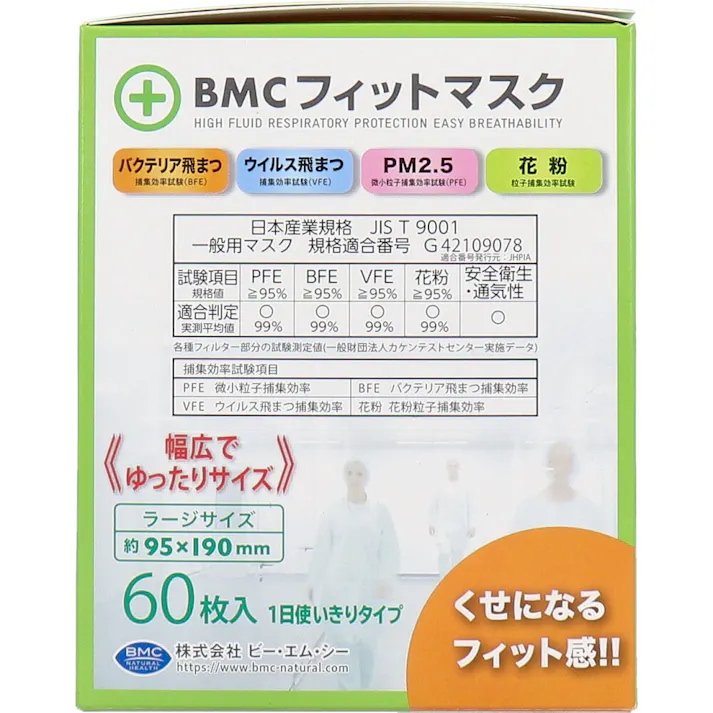 【3点まとめ買い】BMC フィットマスク 1日使いきりタイプ ラージサイズ 60枚入 × 3点 くせになるフィット感!! ふわふわ耳ひもで、つけ心地アップ! 【送料込み】