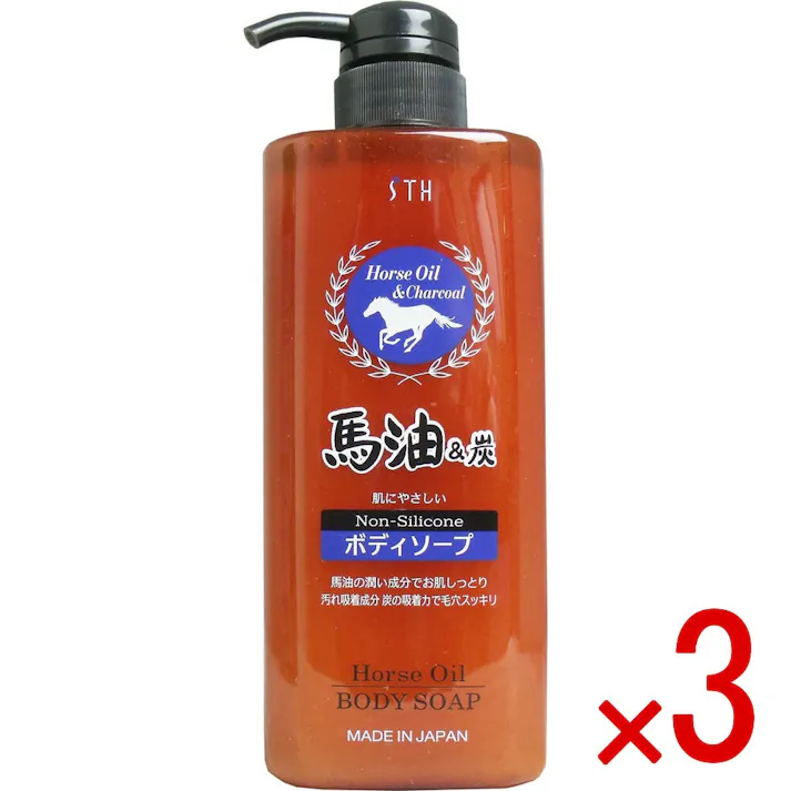 【3点まとめ買い】馬油&炭ボディソープ 600mL × 3点 肌にやさしいノンシリコンタイプのボディソープ! 馬油の潤い成分でお肌しっとり!汚れ吸着成分、炭の吸収力で毛穴スッキリ! 【送料込み】