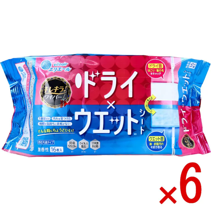 【6点まとめ買い】エリエール キレキラ! ワイパー ドライ×ウエットシート 各社共通タイプ 無香性 16枚入 × 6点 ひっくり返して使える。 いつでもパパっと、キレイをササっと ちょこっと掃除にドライとウエット片面ずつがちょうどいい! 【送料込み】