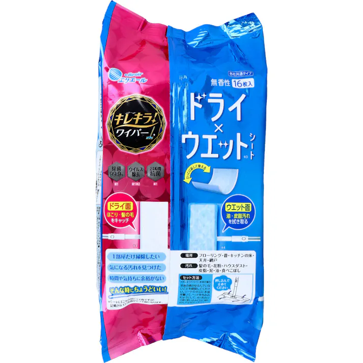 【6点まとめ買い】エリエール キレキラ! ワイパー ドライ×ウエットシート 各社共通タイプ 無香性 16枚入 × 6点 ひっくり返して使える。 いつでもパパっと、キレイをササっと ちょこっと掃除にドライとウエット片面ずつがちょうどいい! 【送料込み】