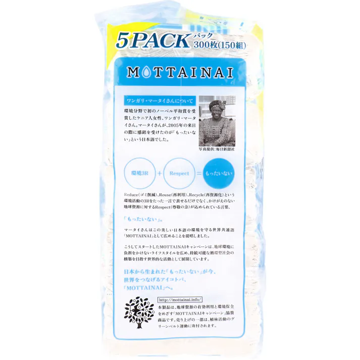 【3点まとめ買い】MOTTAINAI ソフトパックティシュー 300枚(150組)×5パック × 3点 紙箱じゃないフィルム包装のソフトパックティシュー! 環境にやさしい再生紙、ソフトパックでゴミ削減、分別不要。 【送料込み】