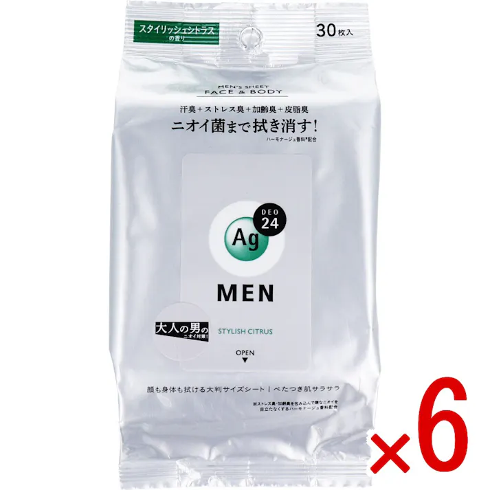 【6点まとめ買い】エージー24メン メンズシート フェイス&ボディ用 スタイリッシュシトラスの香り 30枚入 × 6点 ニオイ菌まで拭き消す! 携帯する大人の男のエチケット。 【送料込み】