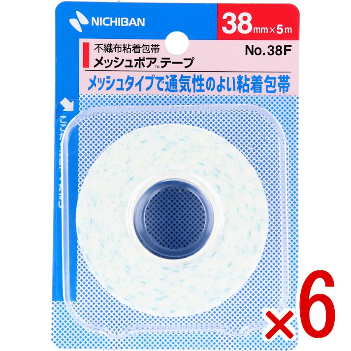 【6点まとめ買い】ニチバン メッシュポアテープ 不織布粘着包帯 38mmX5m NO.38F × 6点 メッシュタイプで通気性のよい粘着包帯! 通気性に富むメッシュ構造の不織布に、皮ふ刺激の少ないアクリル系粘着剤を塗布した粘着性の包帯です。 【送料込み】