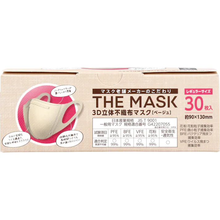 【6点まとめ買い】THE MASK 3D立体不織布マスク ベージュ レギュラーサイズ 30枚入 × 6点 マスク老舗メーカーのこだわり。 ノーズフィッター内蔵の立体構造だから、抜群のフィット感! 【送料込み】