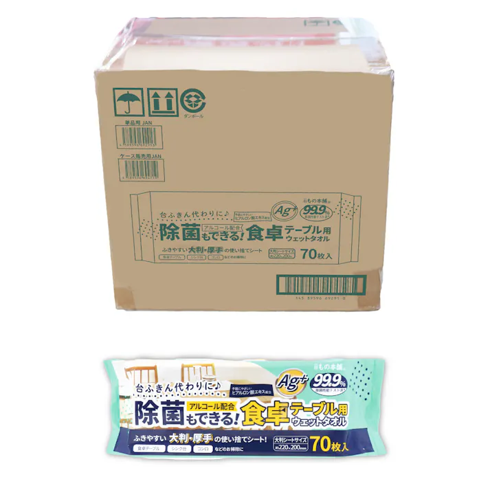 【3点まとめ買い】除菌もできる! 食卓テーブル用ウェットタオル 70枚入×18個【ケース販売】 × 3点 台ふきん代わりに。ふきやすい大判・厚手の使い捨てシート! アルコール配合なので、サッと拭き取るだけで除菌もできます。 【送料込み】