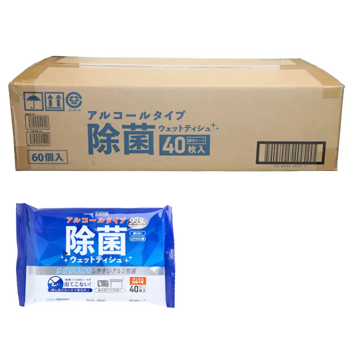 【2点まとめ買い】清潔習慣 除菌ウエットティシュ アルコールタイプ 40枚入×60個 【ケース販売】 × 2点 水分が長持ちしやすいアルミ包装。 99.9%除菌性能テスト済。 【送料込み】