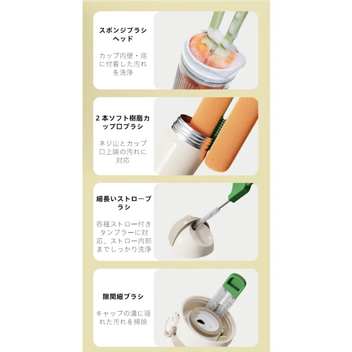4WAY ボトルブラシ 水筒洗いスポンジ ストローブラシ付き哺乳瓶ブラシ 隙間掃除キッチンツール