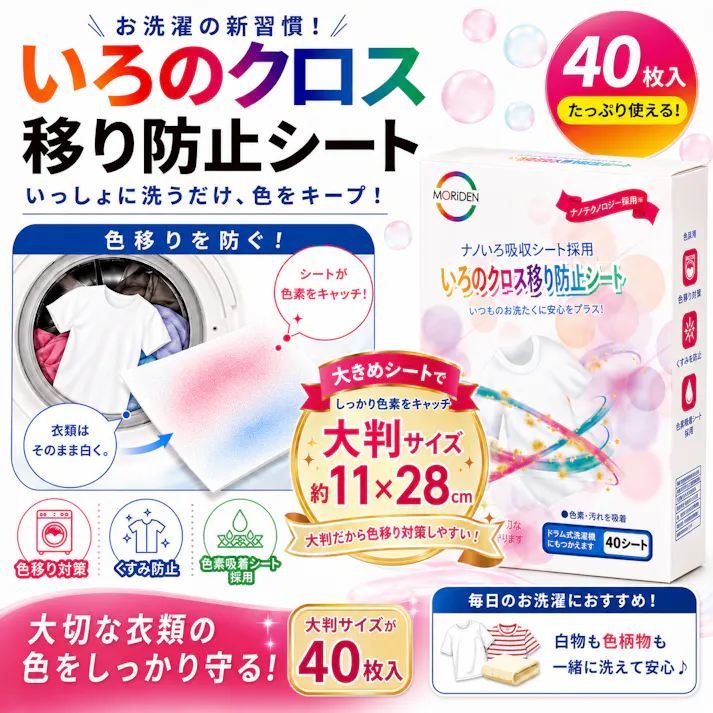 【Clara+ いろのクロス移り防止シート 40枚入 <お得な3個セット>】 ちあふる 色移り防止シート 洗濯シート 色移り対策 白物 色柄物 まとめ洗い 節水 節電 JAN:4595316290161