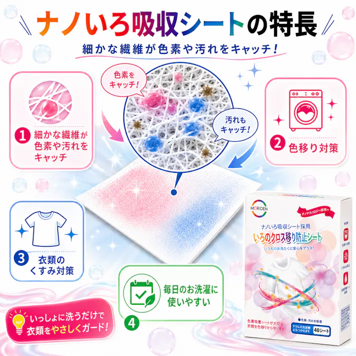 【Clara+ いろのクロス移り防止シート 40枚入 <お得な3個セット>】 ちあふる 色移り防止シート 洗濯シート 色移り対策 白物 色柄物 まとめ洗い 節水 節電 JAN:4595316290161