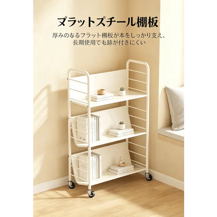 移動式本棚 キャスター付き 子供用ブックラック 鉄製収納ラック 隙間収納ワゴン