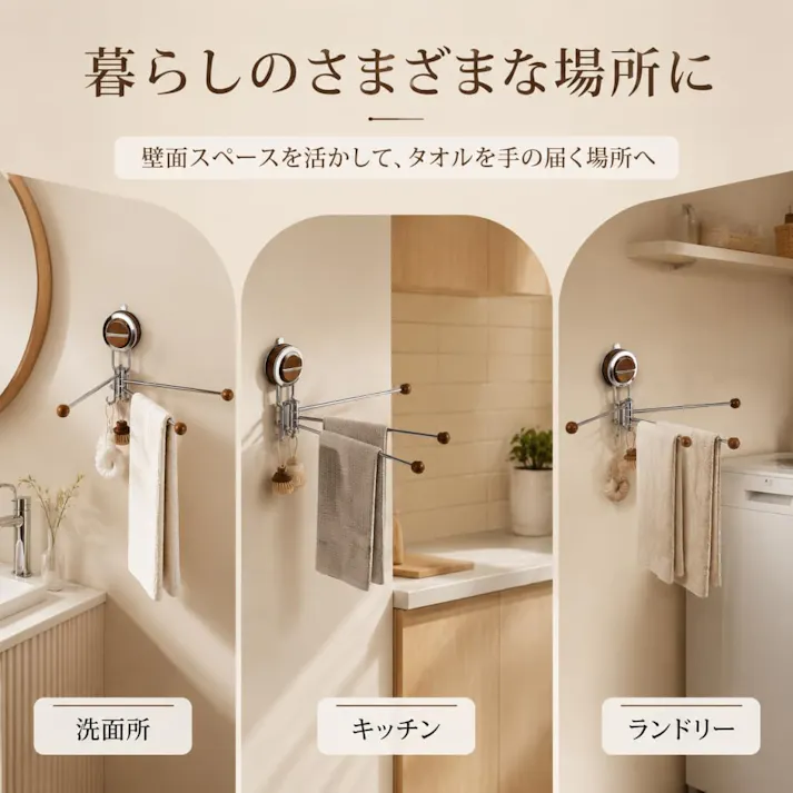 タオルハンガー 強力な吸盤付き 穴あけ不要の吸盤式ふきんホルダー キッチン用回転式水切りタオルラック 多機能ペーパータオル ス ヘラ収納ラック 取り付け簡単 壁を傷つけません