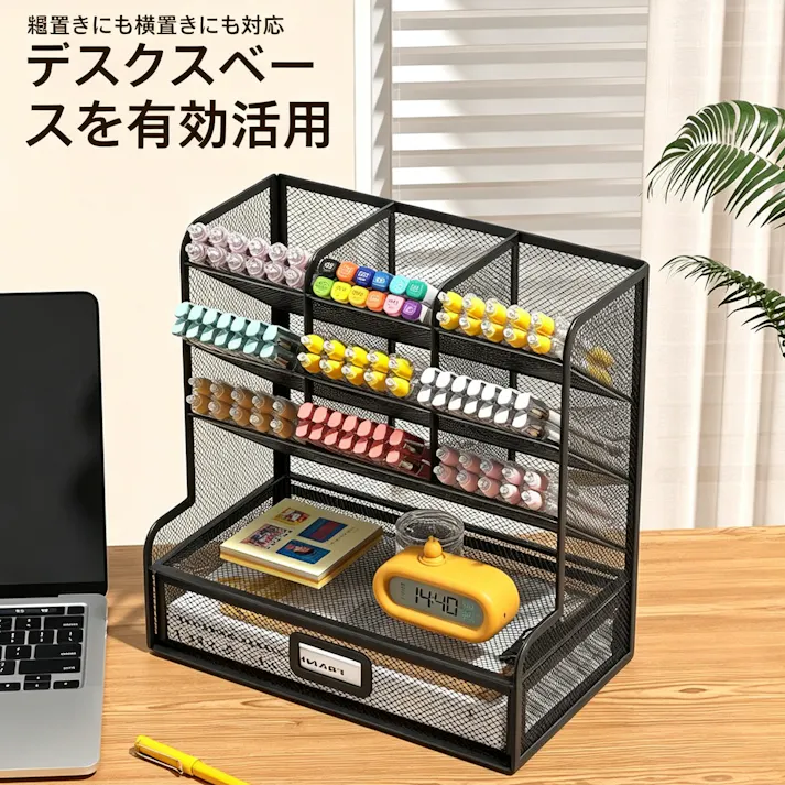 机上収納ラック メッシュペンスタンド 文房具収納 マーカー収納 引き出し付き卓上整理棚 オフィス収納 学生用机上収納