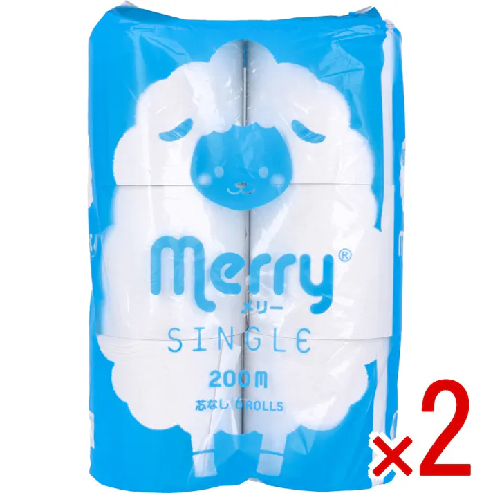 【2点まとめ買い】トイレットペーパー 芯無メリー シングル 200m×6ロール入 × 2点 薬品の使用を最小限にした安心設計です。 ワンタッチホルダーでも使用できる長尺巻のトイレットペーパーです。 【送料込み】