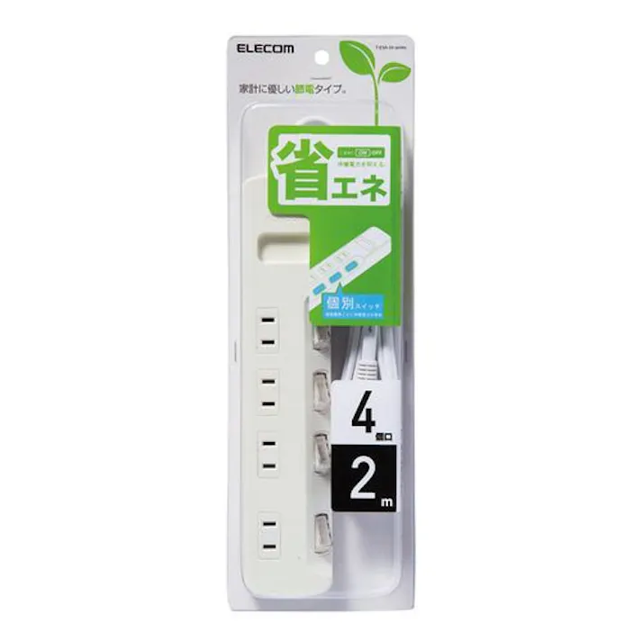 省エネタップ 個別スイッチ 4個口 2m ホワイト T-E5A-2420WH