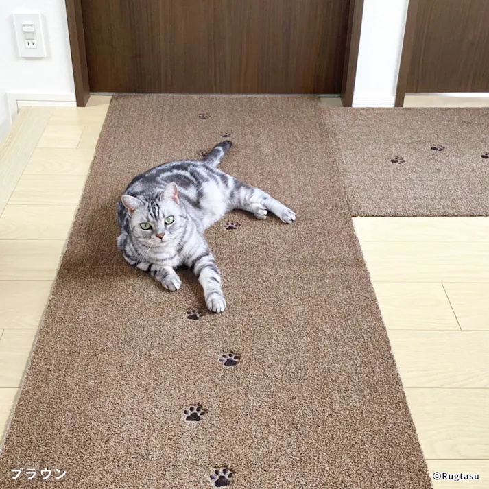 【1枚売り】 60×90cm ペット おすすめ ラグタス 廊下 敷き ロングマット てくてく肉球 すべり止め 付き 洗える 子犬 子猫 老犬 シニア (ブラウン)肉球刺繍あり