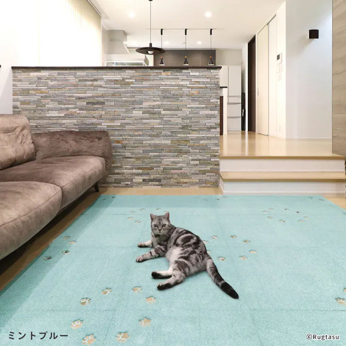 【4枚入】 50×50cm ペット おすすめ ラグタス タイルラグ てくてく肉球 すべり止め 付き 洗える タイルカーペット 50cm角 正方形 子犬 子猫 老犬 シニア (ミントブルー)