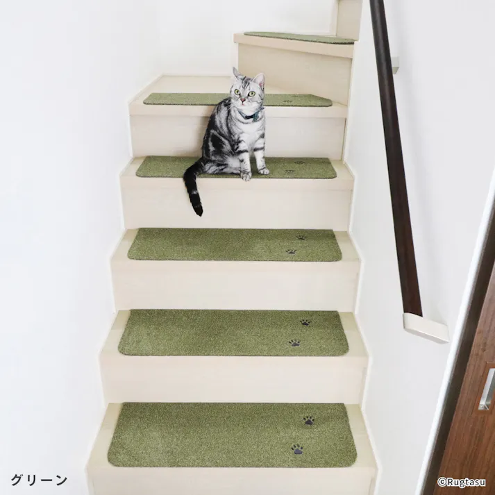 【4枚入】 70×22cm ペット おすすめ ラグタス 階段マット てくてく肉球 すべり止め 付き 洗える 子犬 子猫 老犬 シニア (グリーン)肉球刺繍あり