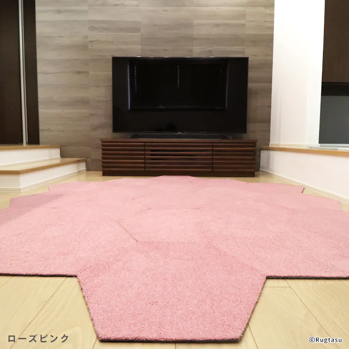 【4枚入】 50×43cm ペット おすすめ ラグタス タイルラグ ヘキサゴン すべり止め 付き 洗える タイルカーペット 六角形 子犬 子猫 老犬 シニア (ローズピンク)
